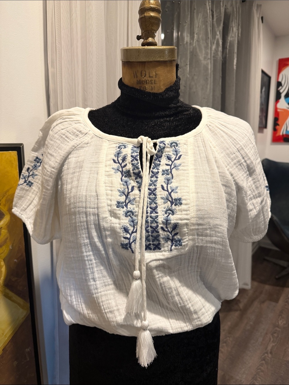 Luck Brand White Peasant Blouse with Blue Embroidery